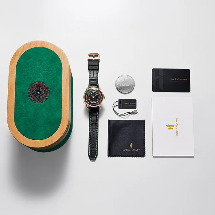Lucky Harvey watch set with green box, watch, card, cloth, and coin on a white background