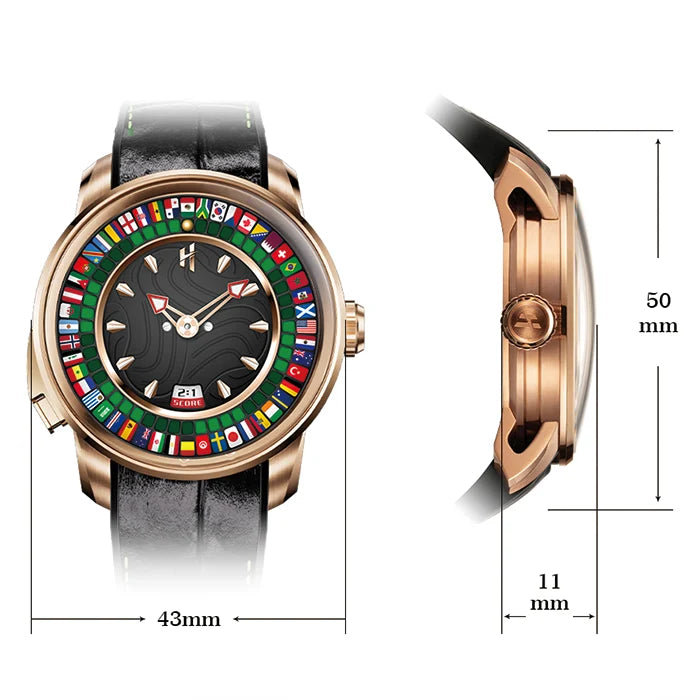 A wristwatch shown from the front and side with dimension labels. The watch has a rose-gold-toned case, a black leather strap, a black dial with gold-tone hands and markers, and a green ring around the dial featuring many small colorful national flags.