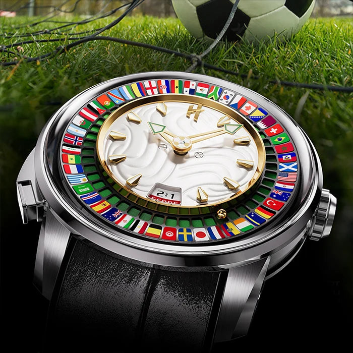 Watch with international flag design on a grass background