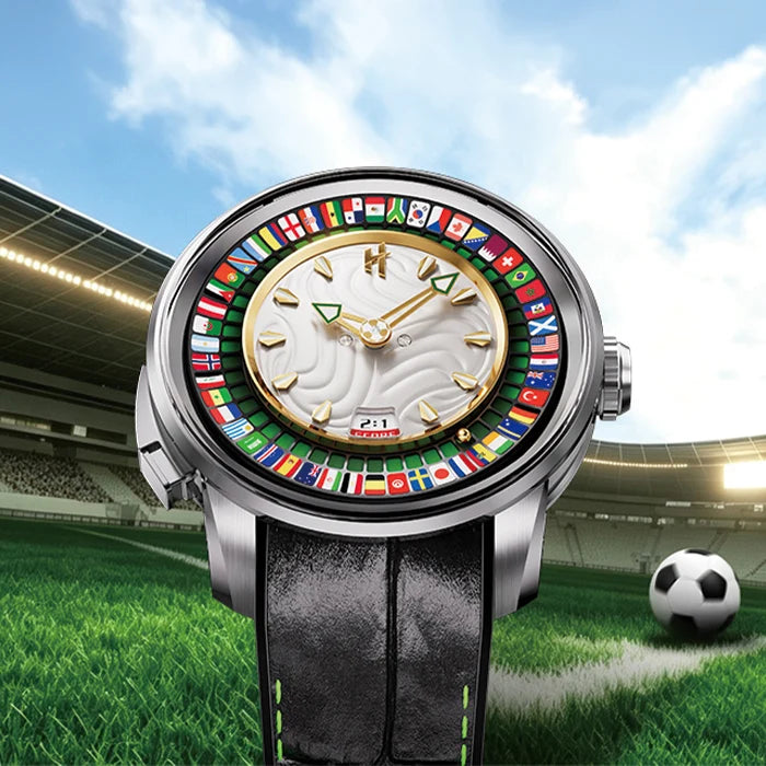 Watch with international flags on a soccer field background
