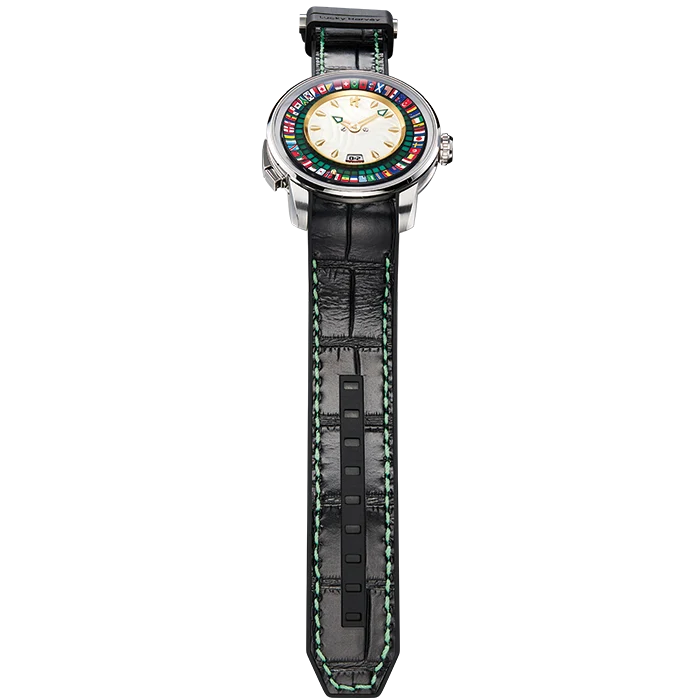 A luxury watch with a round silver-tone case, a white dial featuring colorful racing flag hour markers, and a black alligator-textured leather strap with mint green stitching.