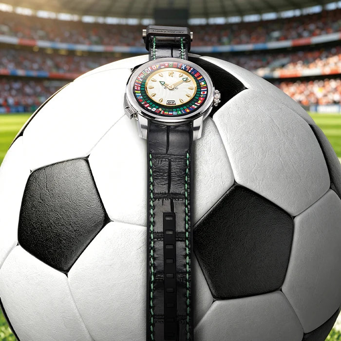 Watch with a colorful face on a soccer ball in front of a stadium.