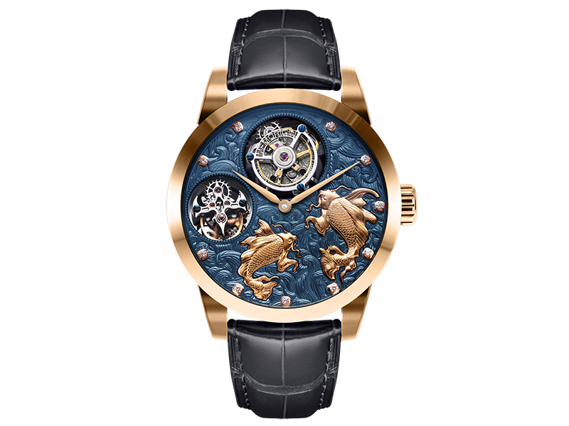 Memorigin Dual Tourbillon watch showing two tourbillon regulators