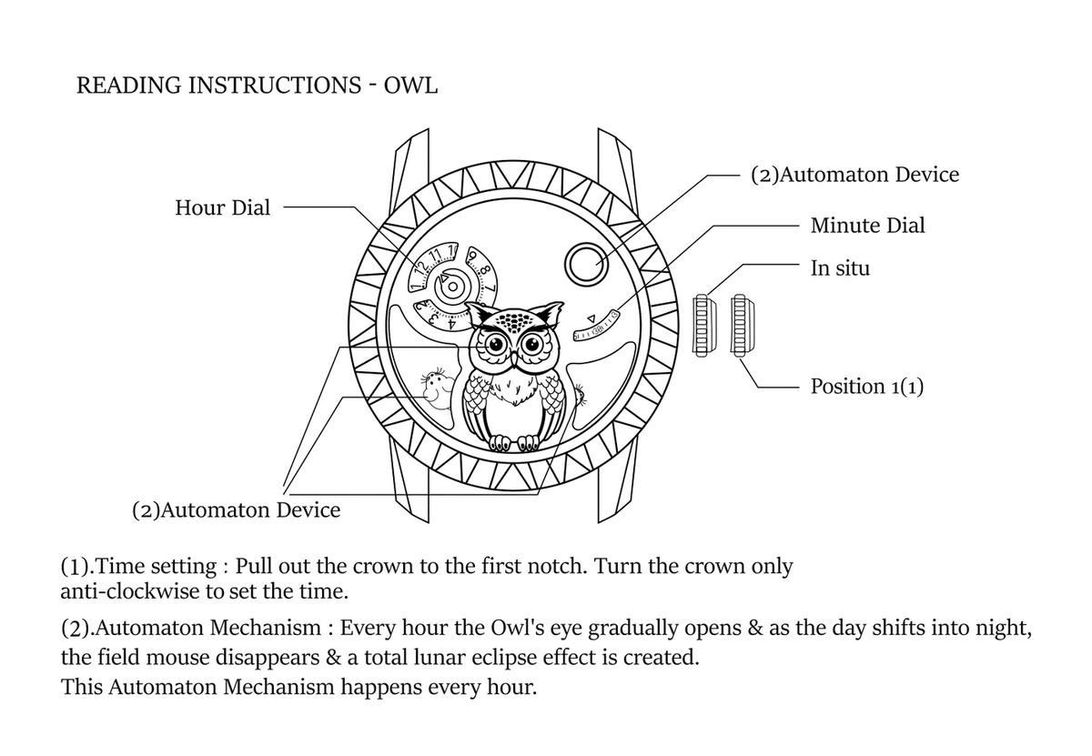 Instruction diagram for setting an Owl watch, showing labeled parts such as Hour Dial, Minute Dial, and Automaton Device with explanatory text on a white background.