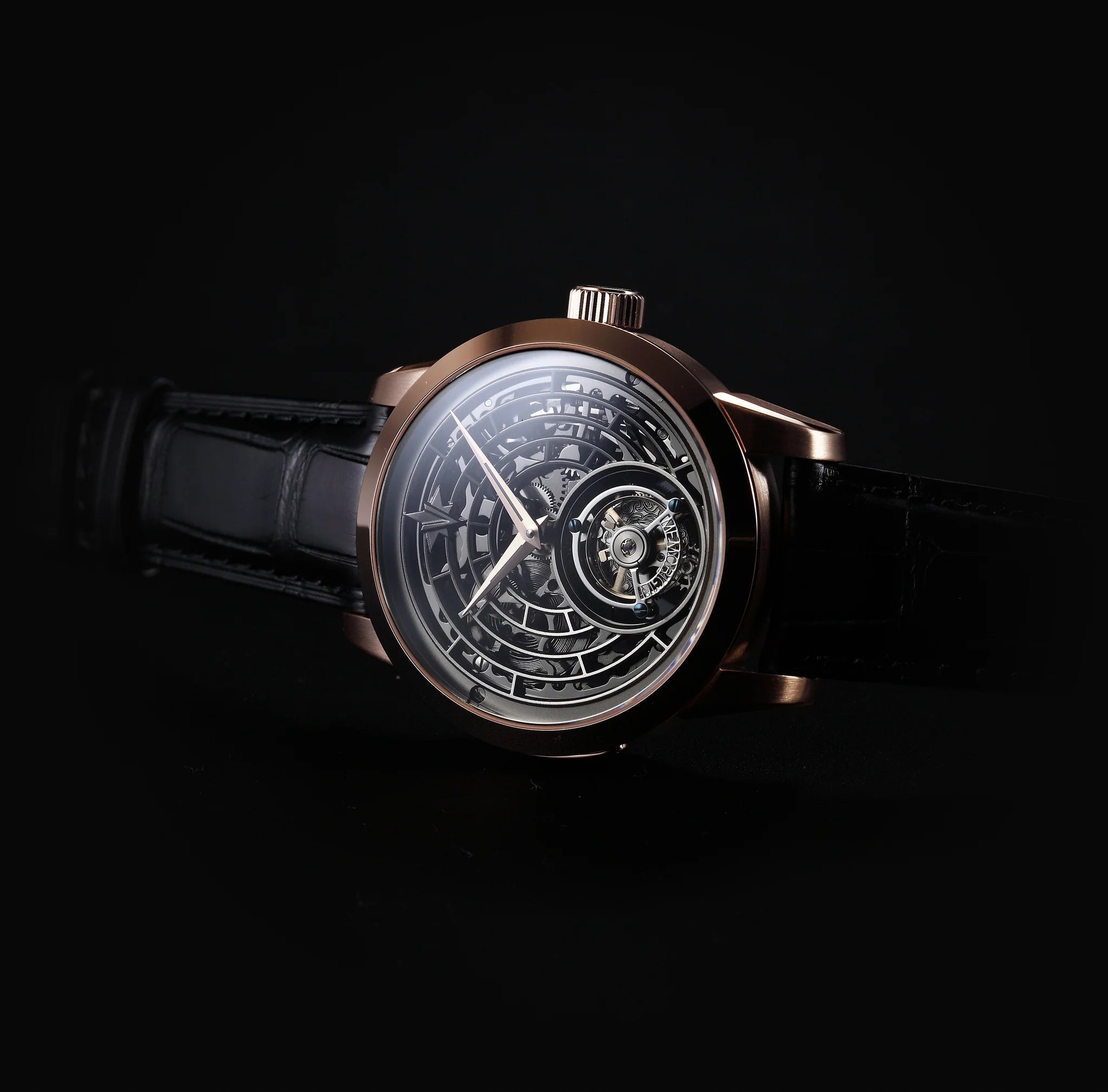 Luxury watch with intricate design on a black background