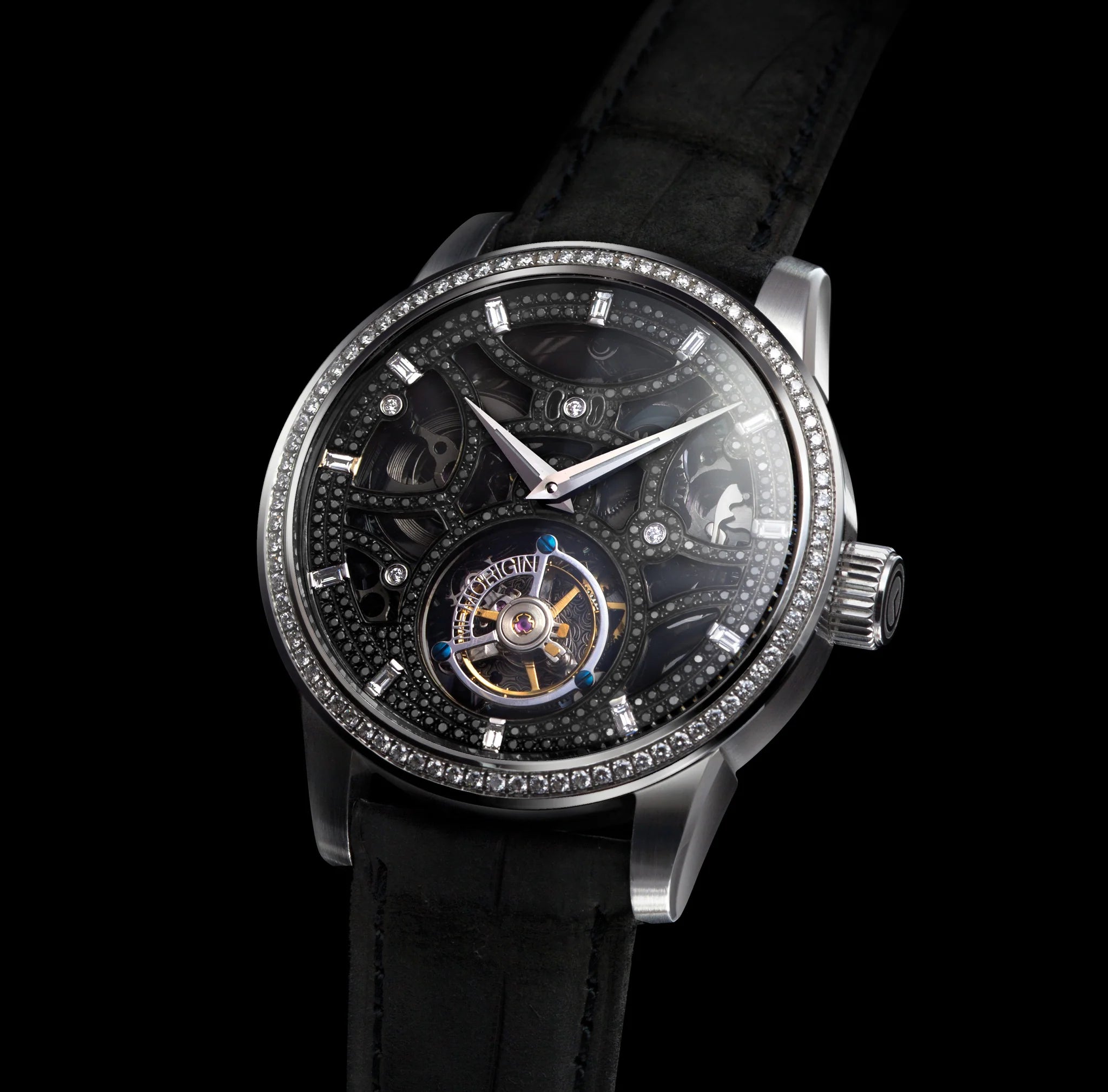 Luxury watch with intricate design on a black background