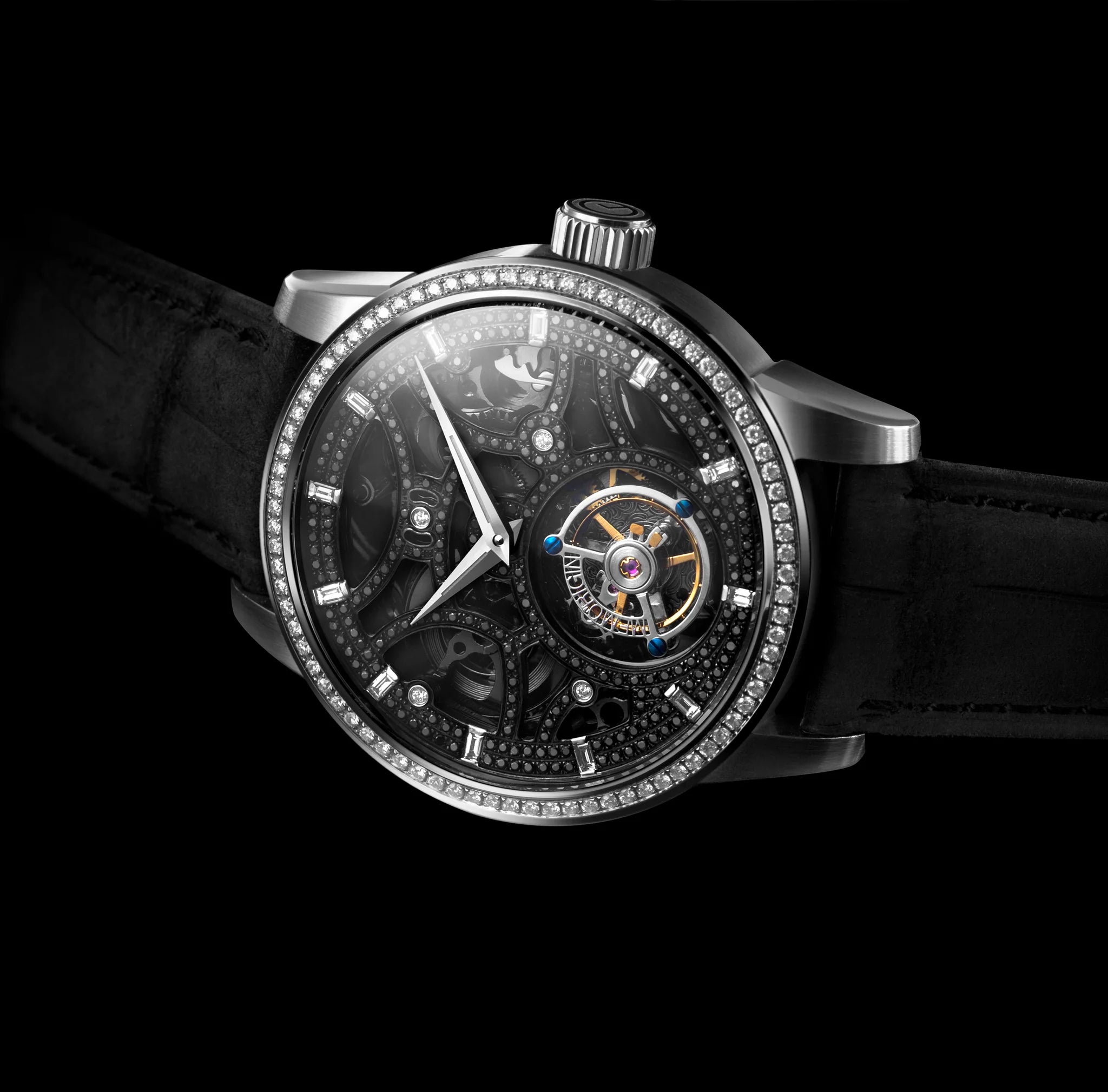 Luxury watch with intricate design on a black background