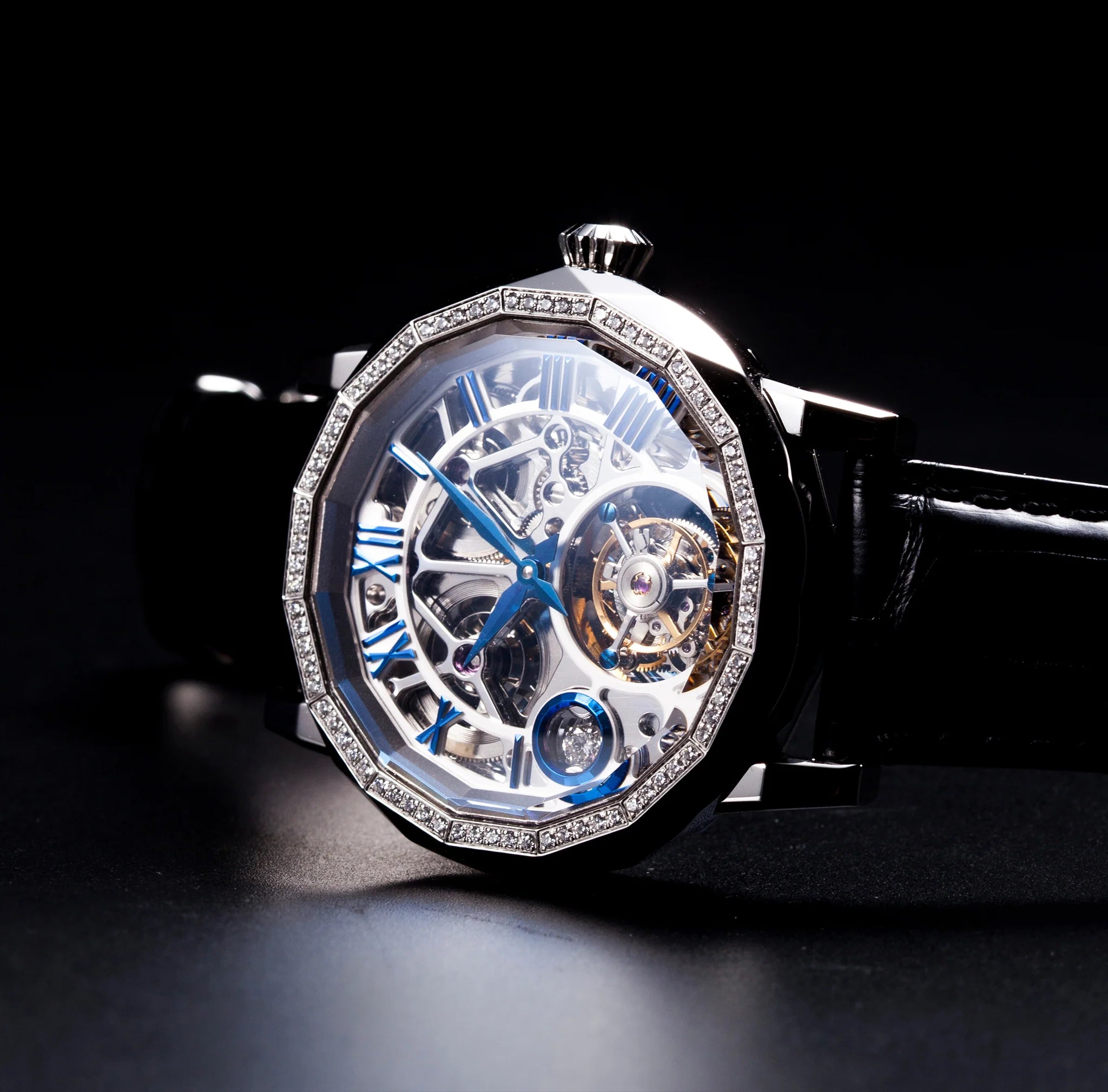 Luxury watch with intricate design on a dark background