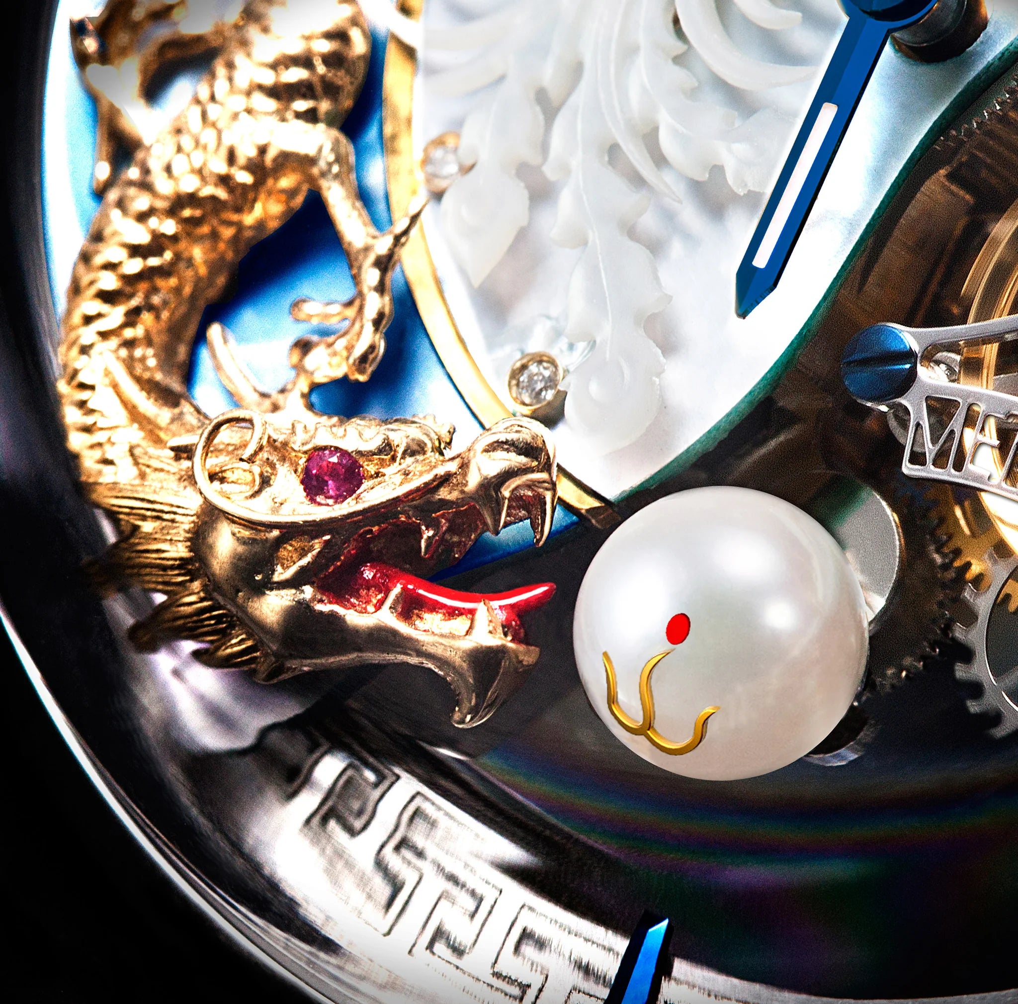Close-up of a detailed watch with dragon and pearl design