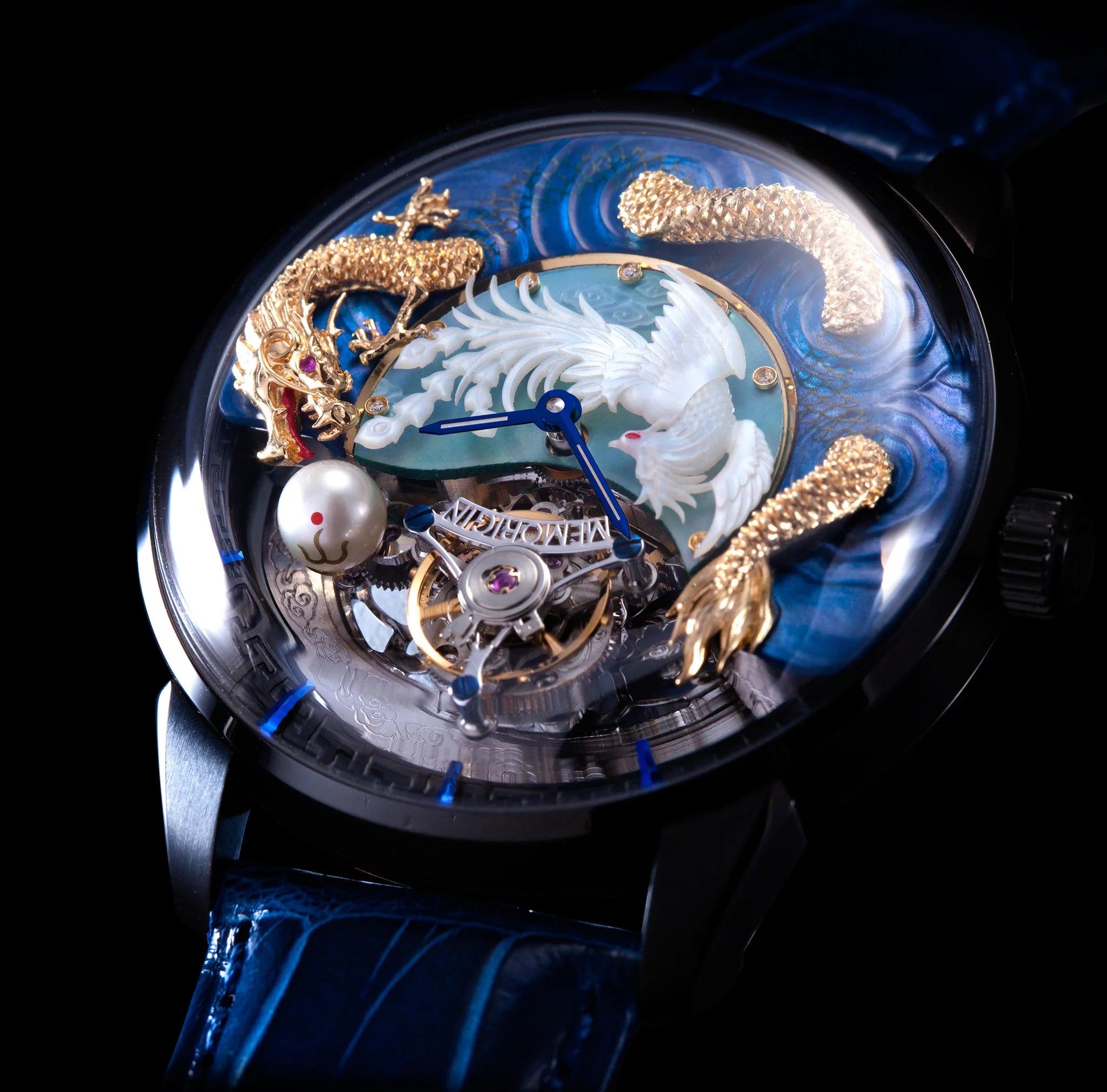 Luxury watch with dragon and phoenix design on a dark background