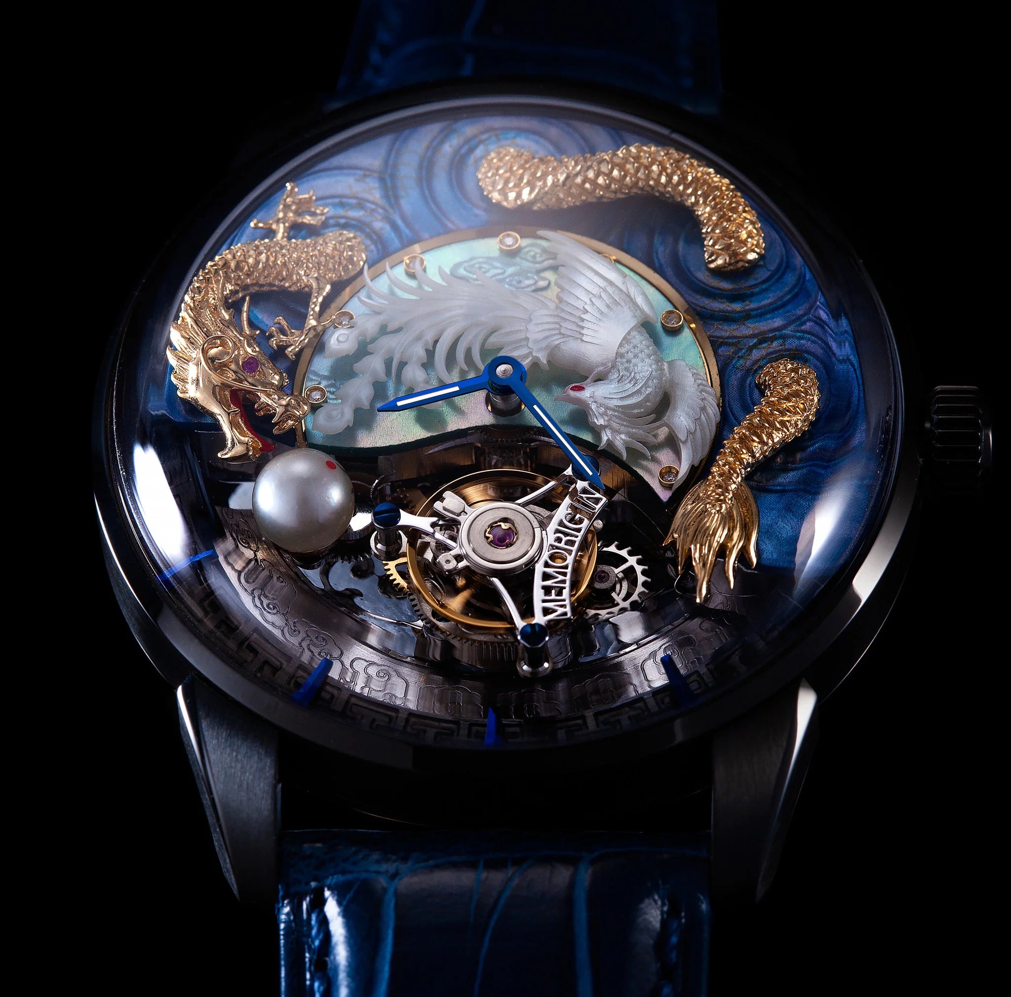 Luxury watch with intricate design and mechanical components on a dark background