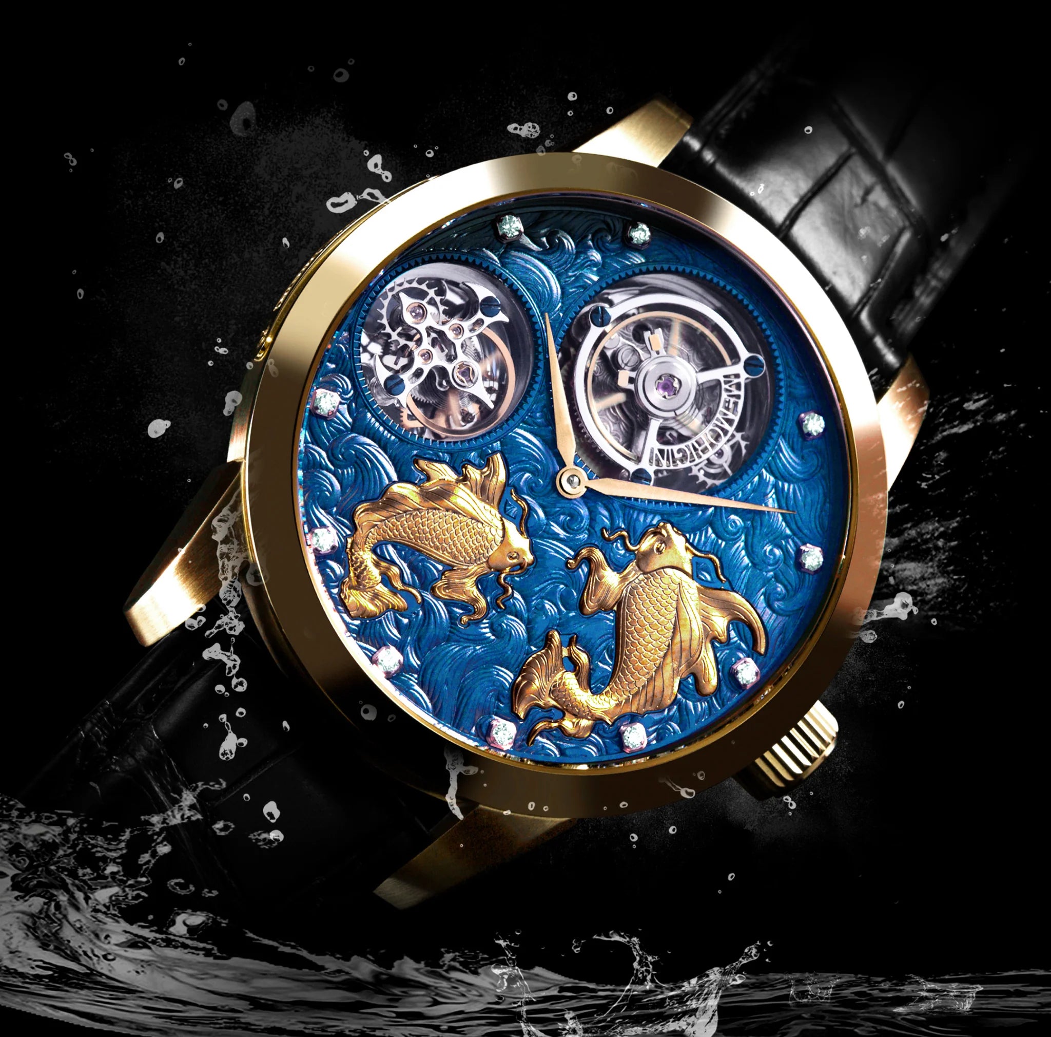 Luxury watch with intricate design and gold accents on a dark background