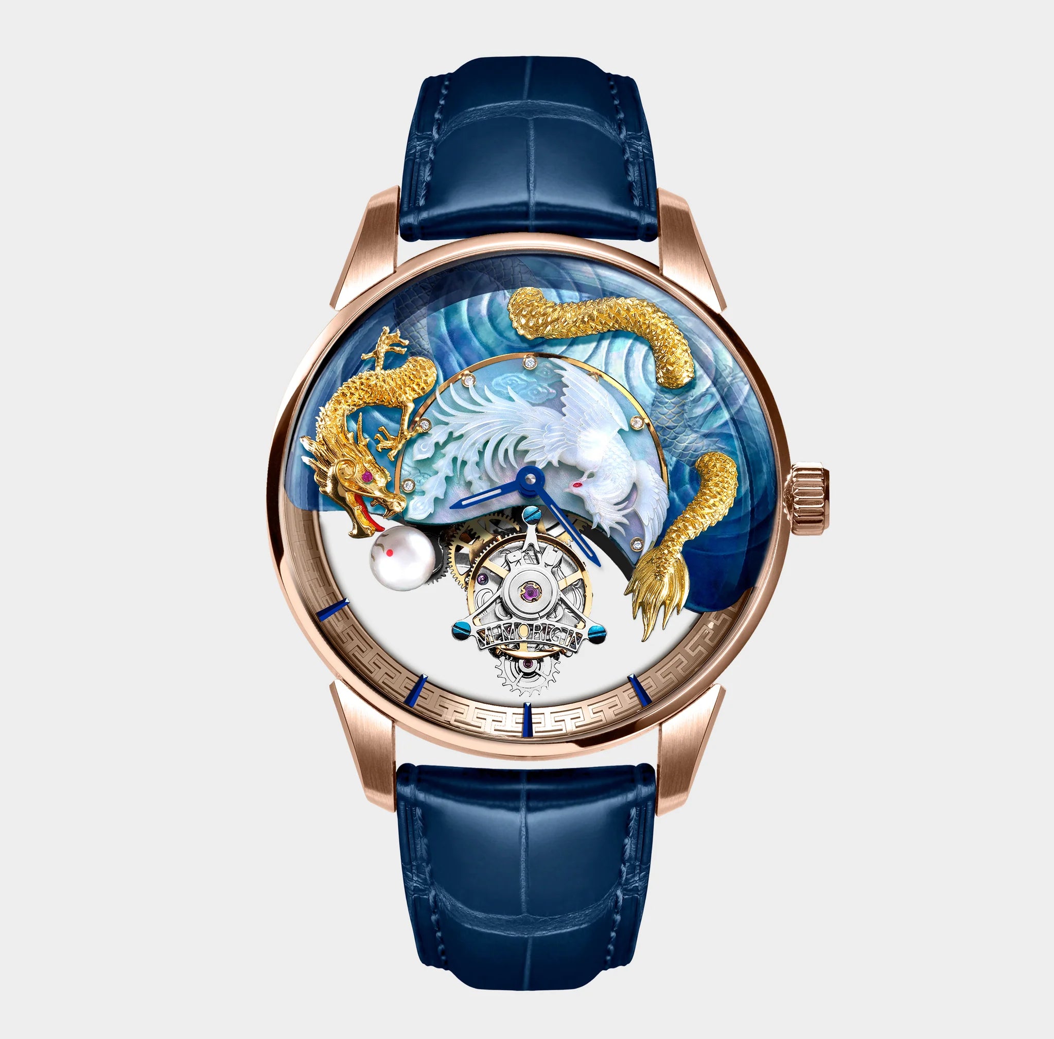 Luxury watch with intricate design on a light gray background