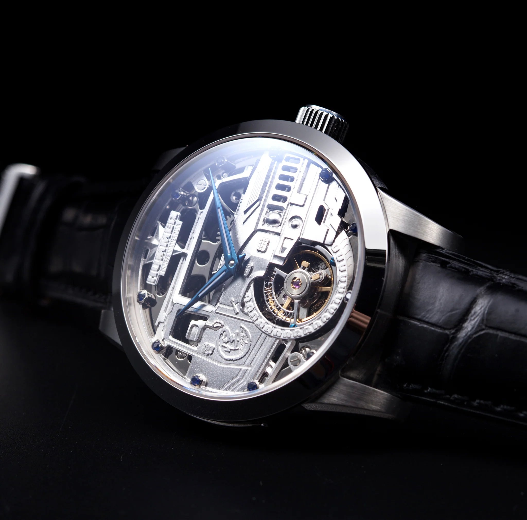 Luxury watch with visible mechanical components on a black background