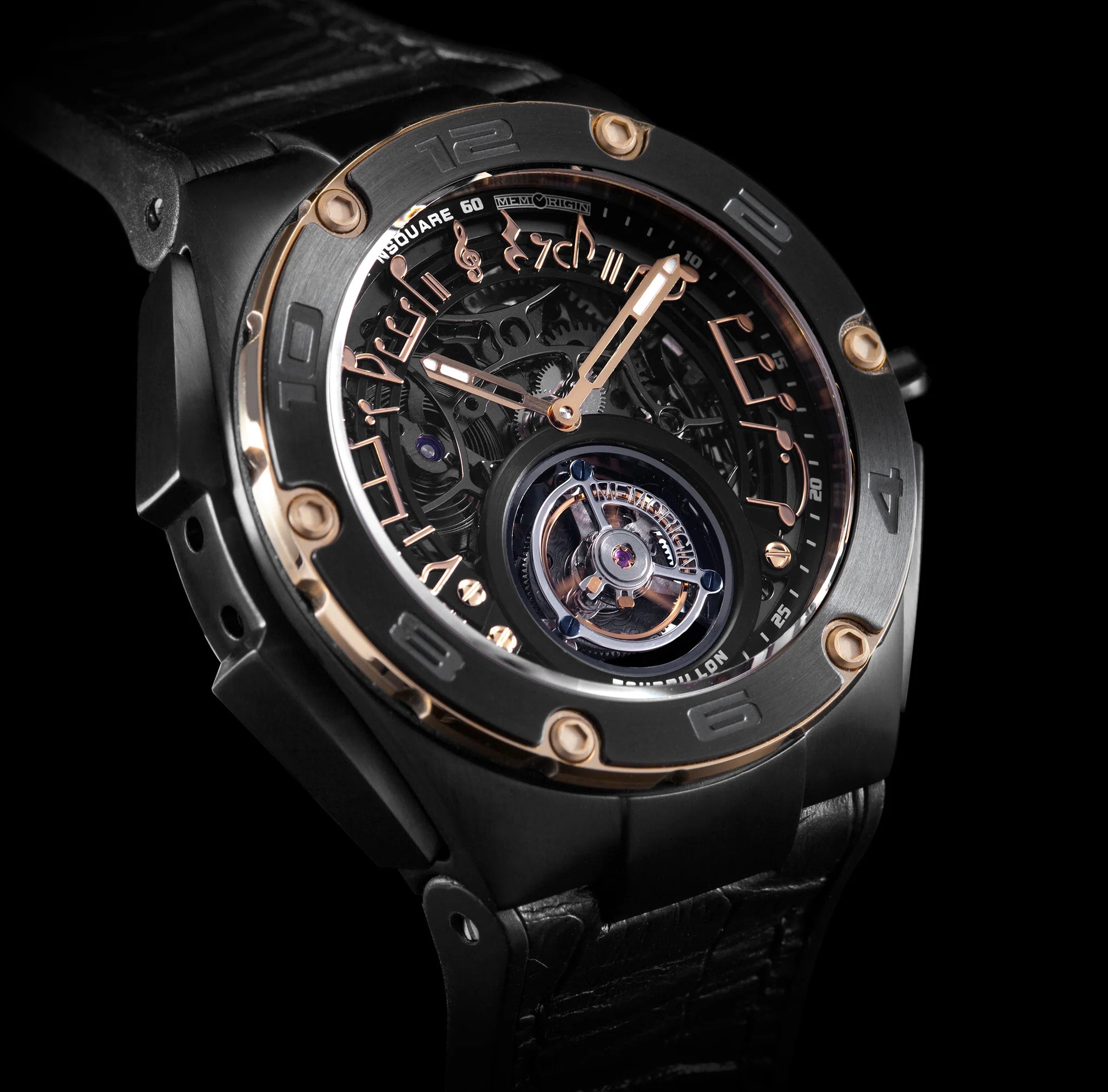 Luxury Tourbillon watch with black case and rose gold accents on a black background