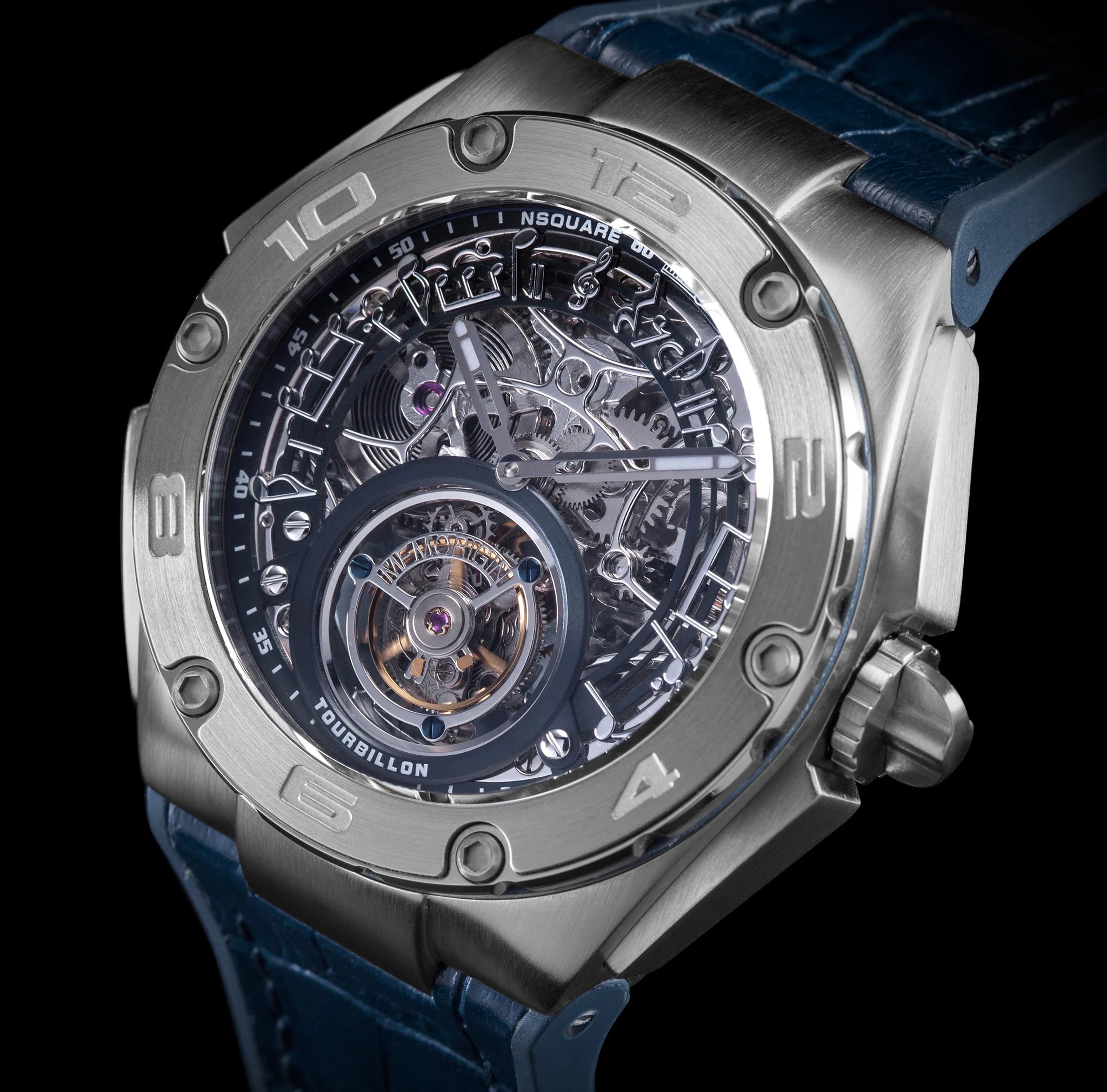 Luxury tourbillon watch with blue strap and visible mechanical components on a black background
