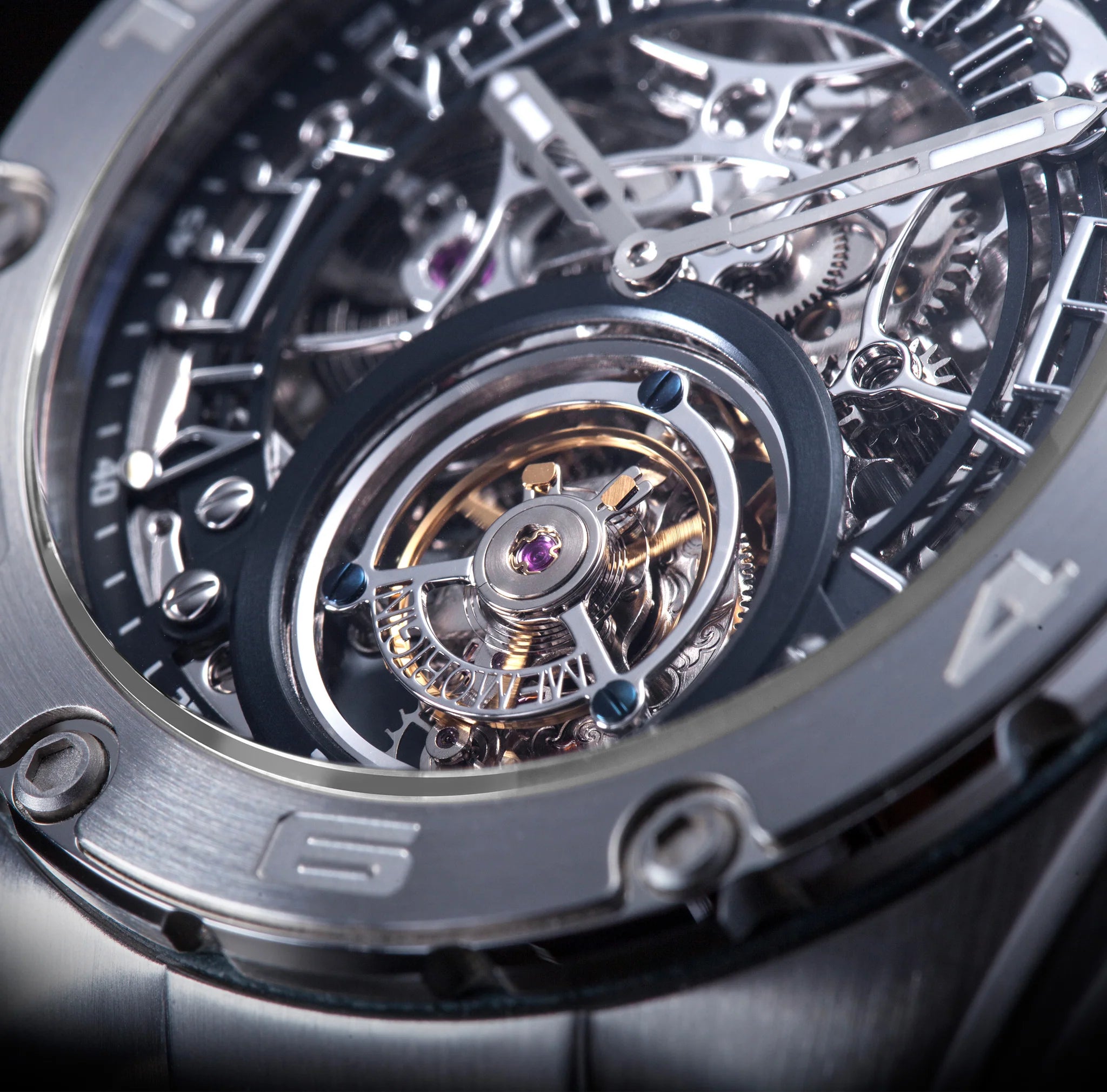 Close-up of a mechanical watch with intricate gears and a visible tourbillon and brand logo.