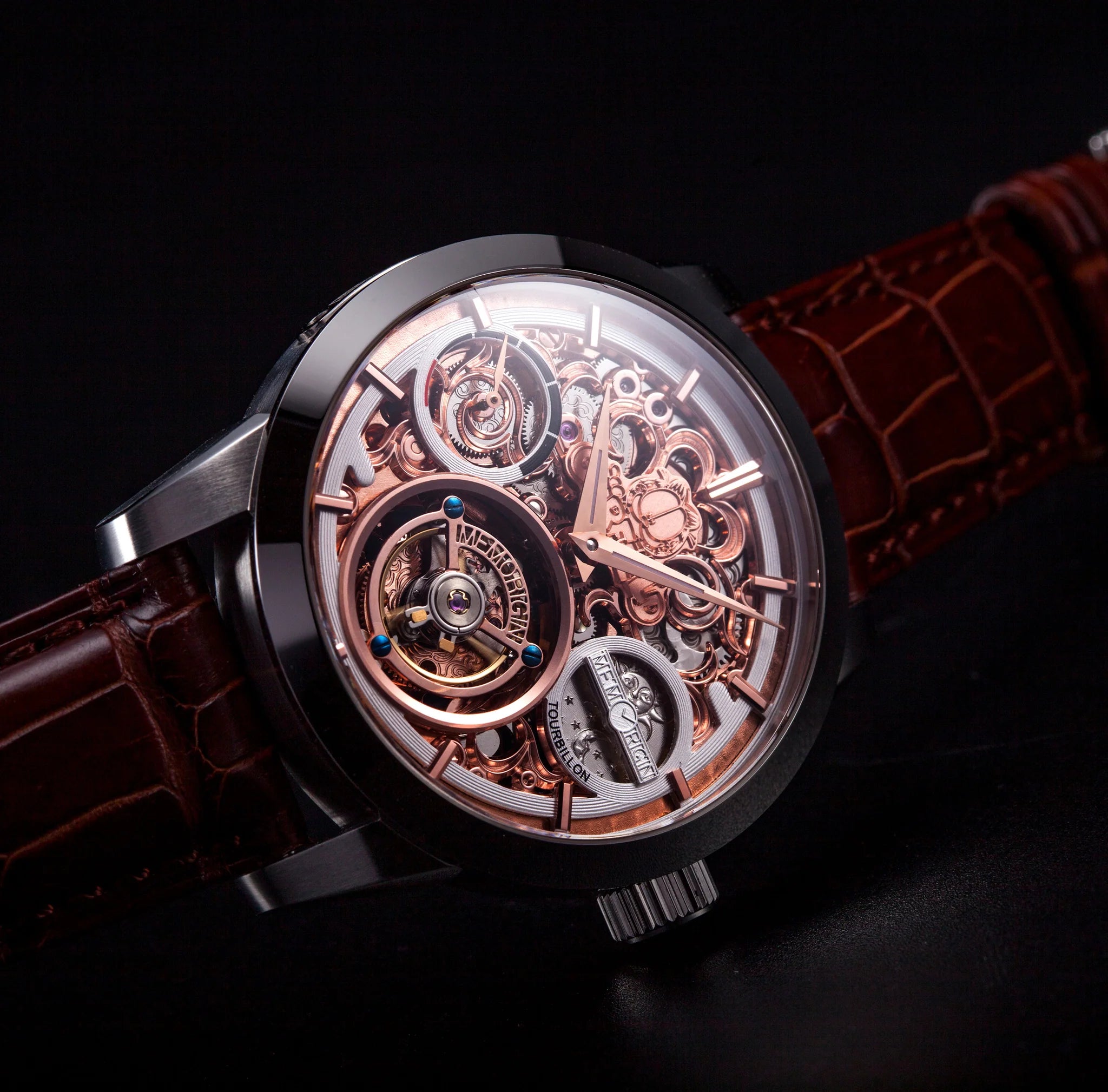 Luxury watch with visible mechanical components on a dark background