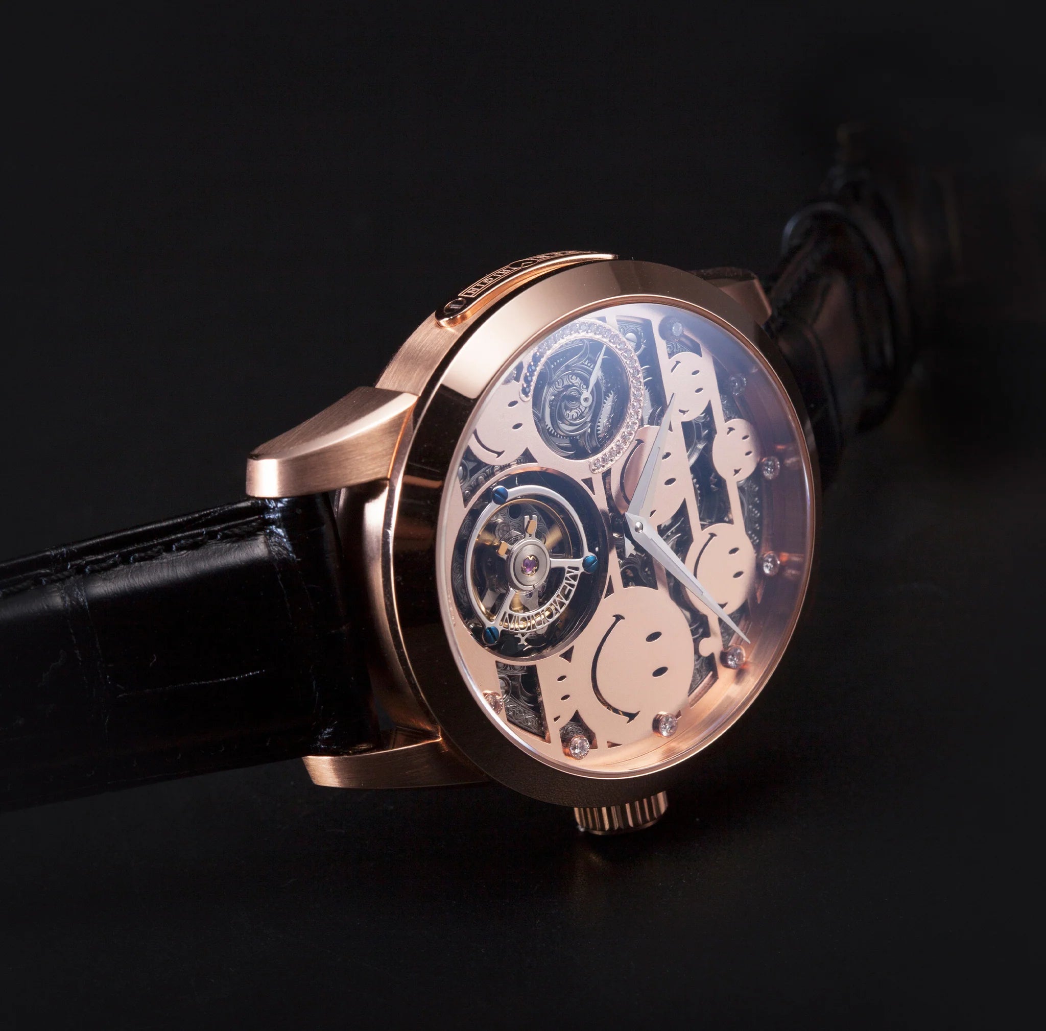 Luxury watch with visible mechanical components on a black background
