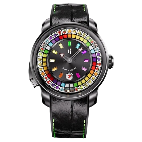 A luxury slot machine themed watch with a black leather strap, black case, and a colorful dial featuring various gambling symbols and a rotating roulette-style ring.
