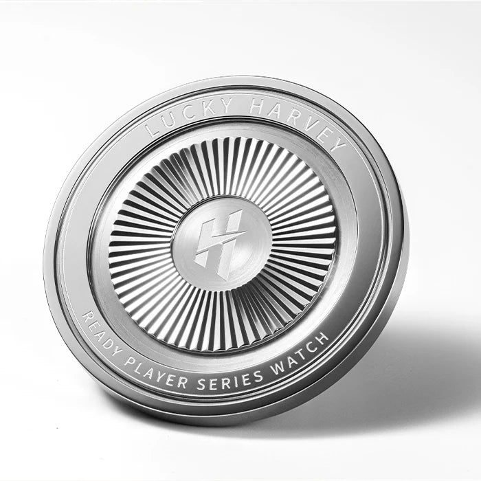 Silver watch case with 'Lucky Harvey' branding on a white background