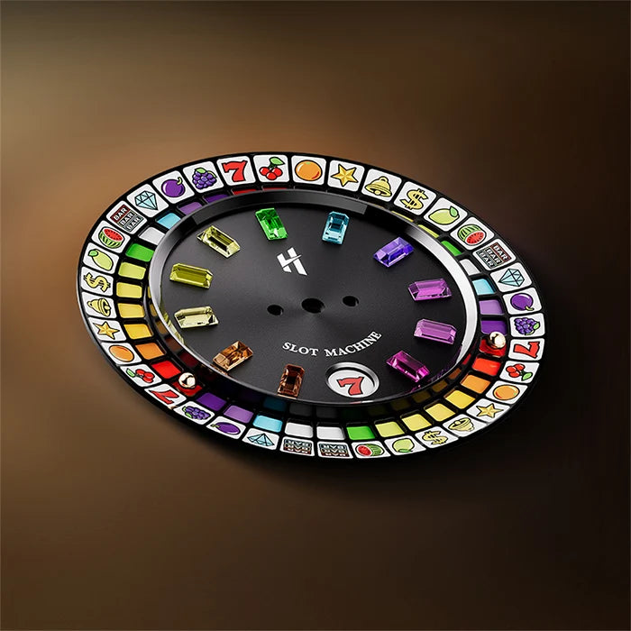 Decorative clock with colorful slot machine symbols on a brown background