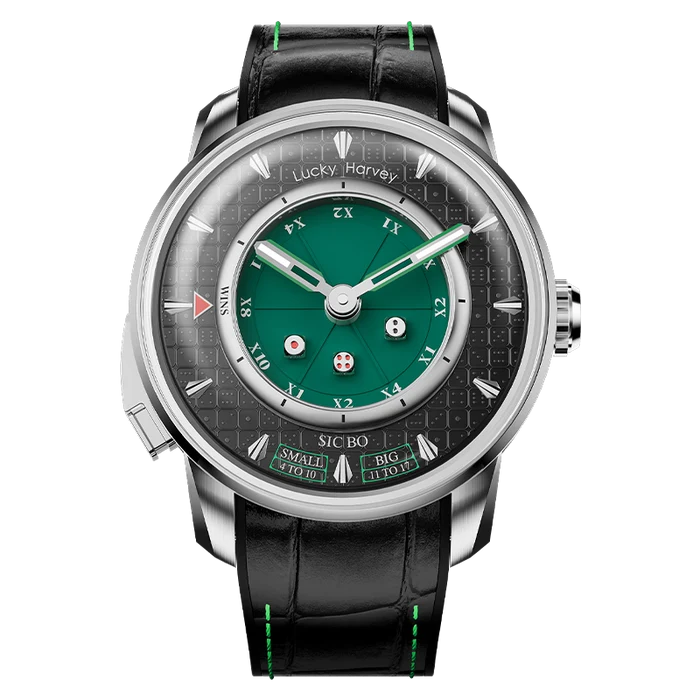 A luxury wristwatch by Lucky Harvey and SICO BO, featuring a round silver-tone case, a black textured dial with a prominent green inner dial, and a black alligator leather strap with green stitching, shown against a solid white background.