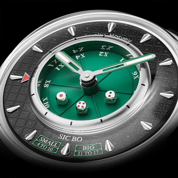 Sic Bo game wheel with green face and dice on a black background