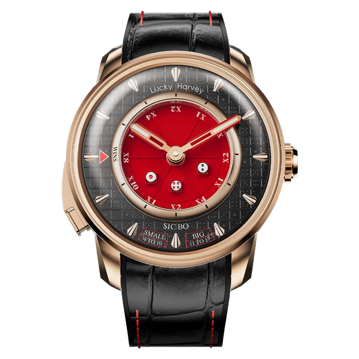 A luxury wristwatch featuring a rose gold case, a black leather strap with red stitching, and a dial with a bold red center and black outer ring. The brand names 'Lucky Harvey' and 'SICBO' are visible on the dial.