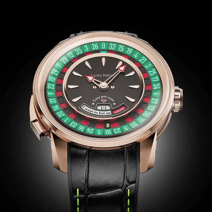 A luxury watch by Nicky Hodder, featuring a rose gold case, a black dial with red and white details, a green and black roulette-style outer ring, and a black leather strap with neon green stitching, set against a dark gradient background.