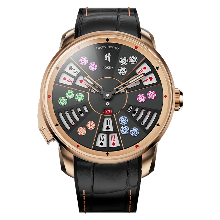 A luxury poker-themed watch by Lucky Harvey, featuring a rose gold case, a black leather strap, and a highly detailed black dial decorated with poker card graphics and colorful chip icons.
