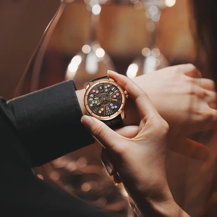 Person adjusting a luxurious watch with a blurred background