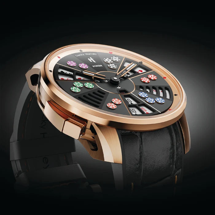 Luxury watch with a rose gold case and black leather strap on a dark background