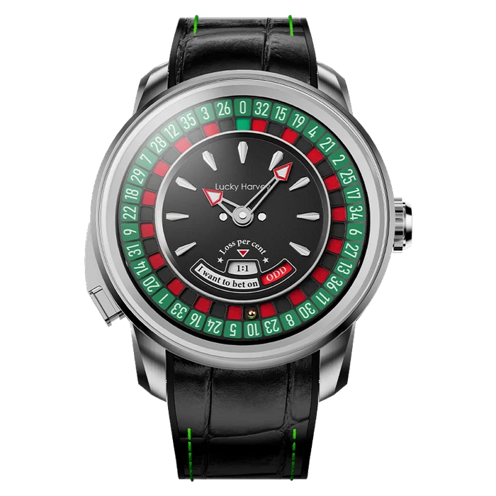 A luxury roulette watch with a black leather strap, silver stainless steel case, and a black dial featuring a green and red roulette wheel design around the bezel. The dial includes a roulette pointer and a small digital display showing 'Lucky Hour' and '00:00'.