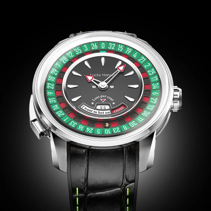 A luxury watch by Lucky Ho, featuring a silver-toned case, a black dial, a green and red roulette-inspired outer ring, and a black leather strap with neon green stitching, set against a dark gradient background.