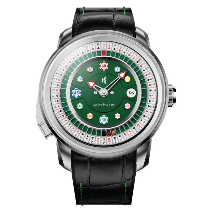 A luxury watch featuring a green roulette-inspired dial with colorful chip graphics, a silver-toned case, and a black leather strap with green stitching, shown on a plain white background.