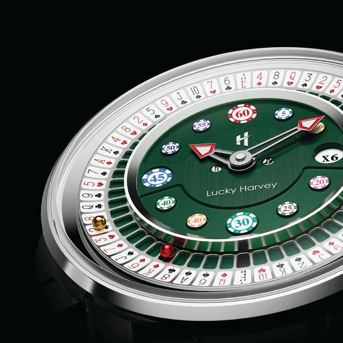 Close-up of a Lucky Harvey casino-themed watch with a green dial, roulette-style outer ring, and colorful chip icons on a black background.