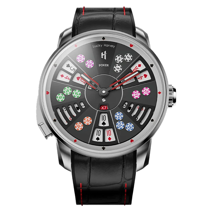 A luxury poker-themed watch by Lucky Harvey, featuring a black dial decorated with colorful playing cards and poker chips, paired with a black leather strap with red stitching.
