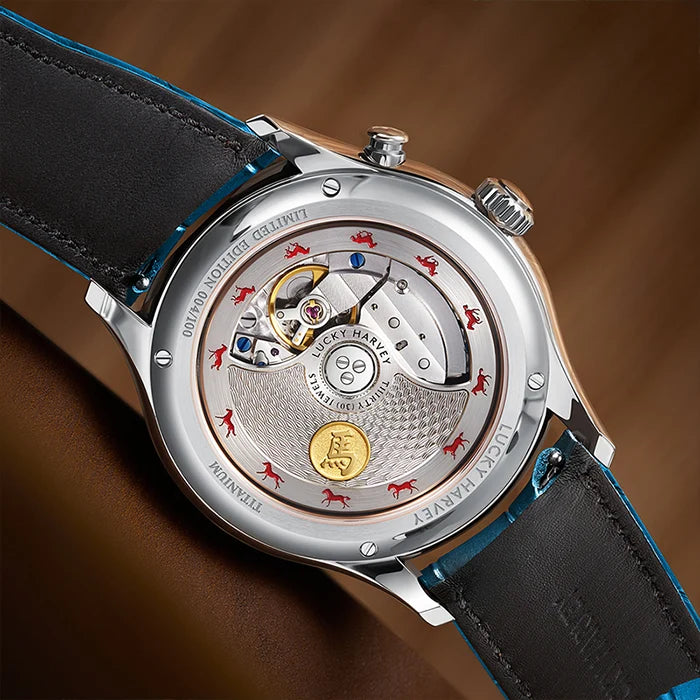 Close-up of a luxury watch with visible mechanical components on a brown background
