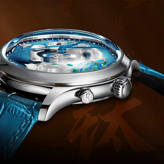 Close-up of a silver watch with blue strap and intricate design on a dark background