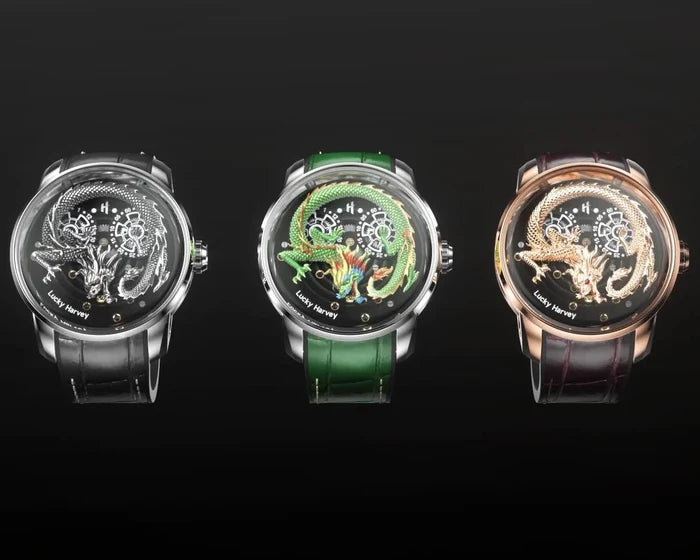 Three watches with dragon designs on their faces against a black background