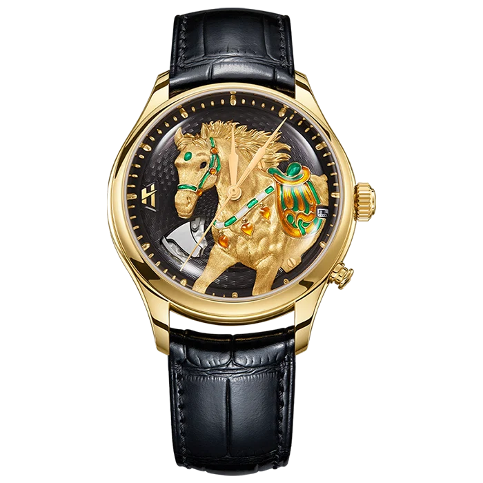 Luxury watch with a detailed horse design on the dial against a white background