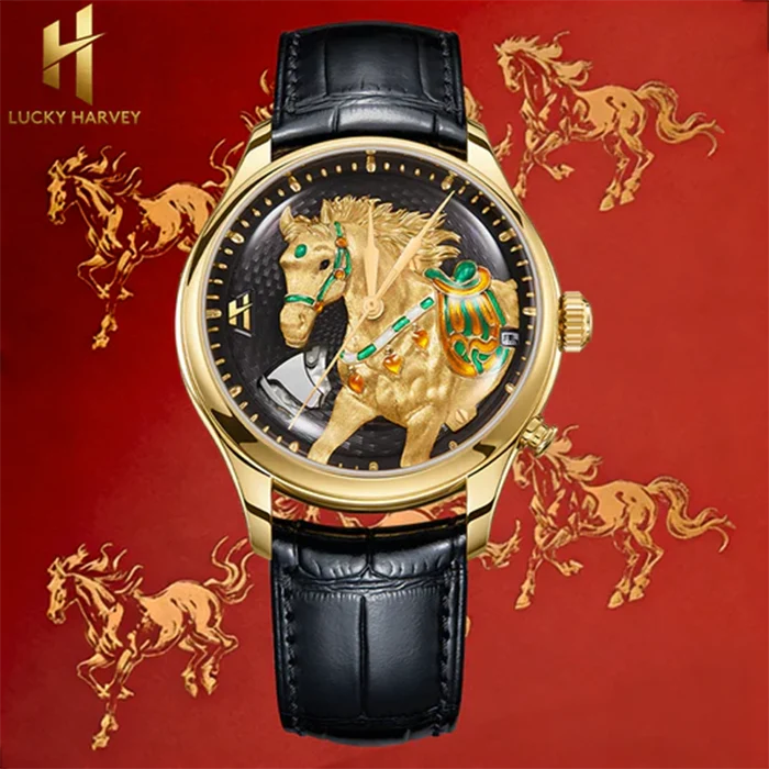 Luxury watch with unicorn design on a red background featuring horse illustrations, Lucky Harvey brand visible.