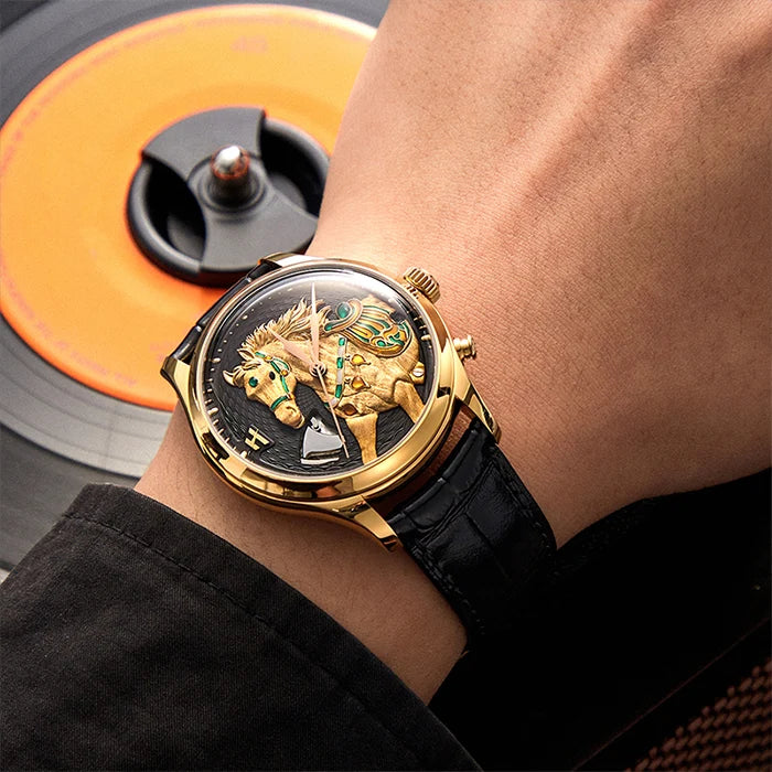 Luxury watch with intricate design worn on a wrist, vinyl record in the background