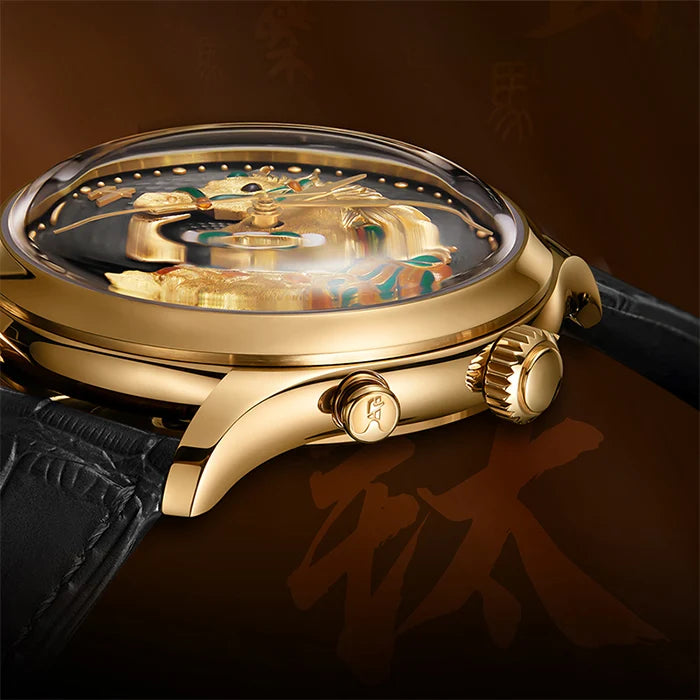 A luxury gold-tone wristwatch with a transparent dial showing an ornate dragon motif, paired with a black textured leather strap, set against a dark brown background with subtle Chinese calligraphy.