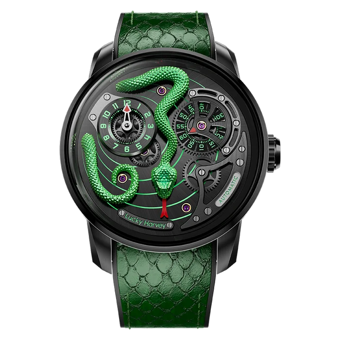 Luxury watch with green snake design and green leather strap on white background