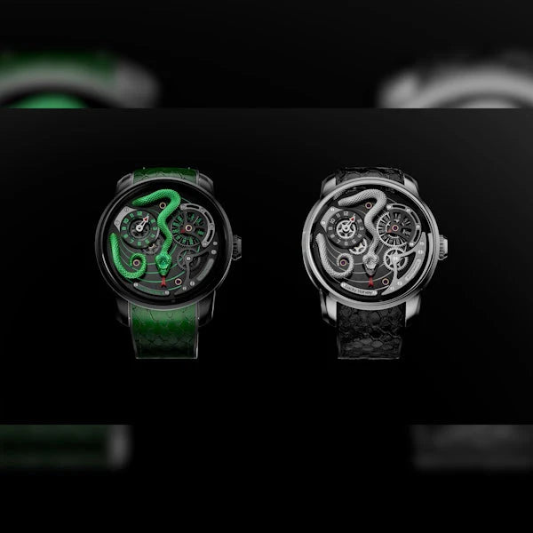 Two watches with intricate designs on a black background