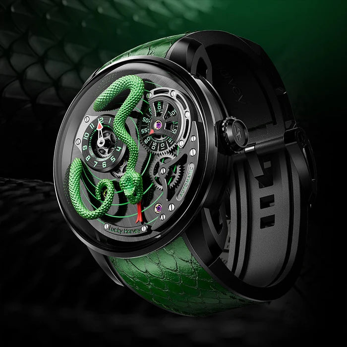 Luxury watch with green snake design on a dark background