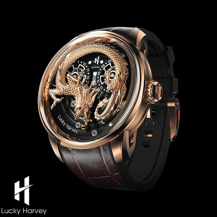 Luxury watch with intricate design on a black background, featuring the Lucky Harvey brand.