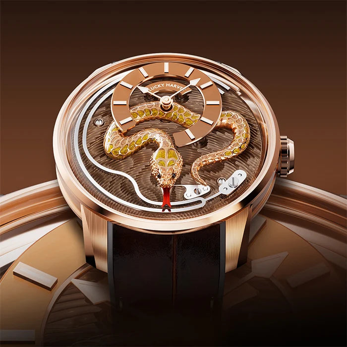 Luxury watch with snake design on a brown background